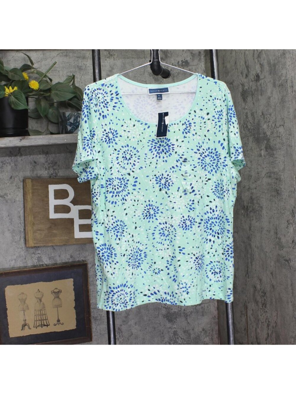 Karen Scott Printed Scoop Neck Short Sleeve Knit Top Aqua Ice Blue Green XL